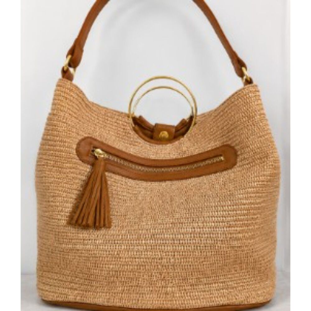 Joy Susan Natural Straw Woven Bag Convertible Crossbody Hobo O Ring Tassel L8327